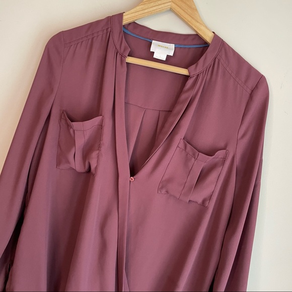 Maeve Purple V-Neck Faux Wrap High Low Pocketed Top - Picture 2 of 7
